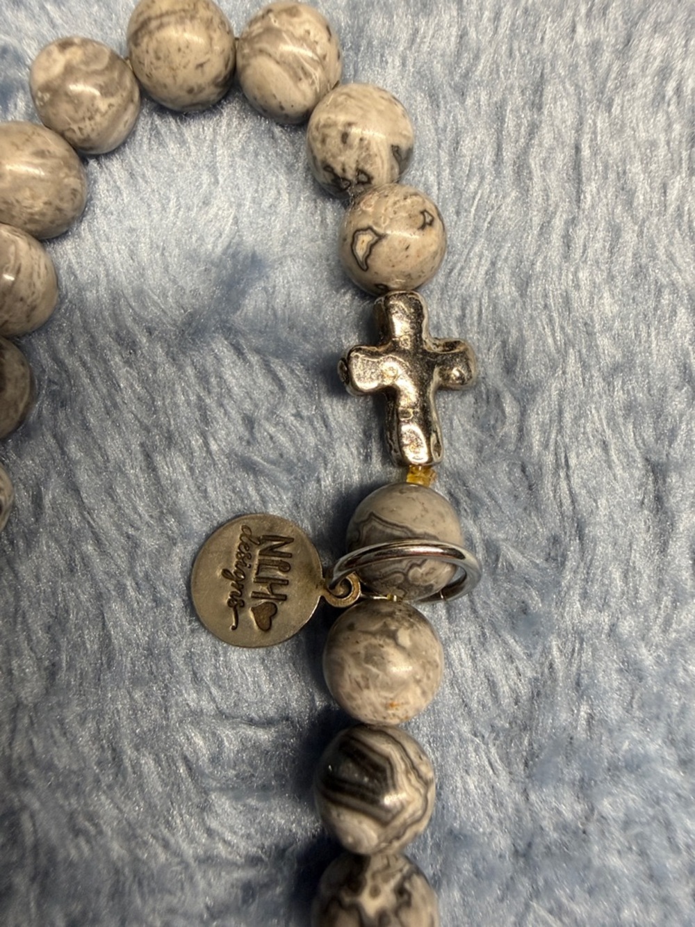 Gray and Cream Beaded Women’s Necklace - Natural Stone Look - Picture 3 of 3